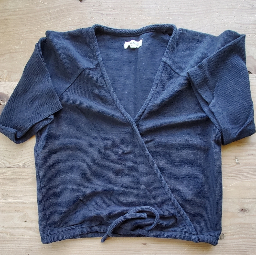 Madewell Textured Black Faux Wrap Short Sleeve, Size Medium